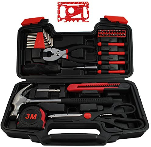 DIY TECH UK - Tool Kit Set Box 43 Piece Home Business Repair DIY Tools for Men Women - Hammer, Pliers, Tape Measure, Screwdrivers, Allen Keys, Box Cutter + Free 48 in 1 Credit Card Gadget + Carry Case