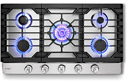 FOTILE GLS36502 36” Stainless Steel 5-Burner Gas Cooktop, Tri-Ring 22,000 BTUs Center Burner with Flame Failure Protection Removable Grates and Installation/LP Kit