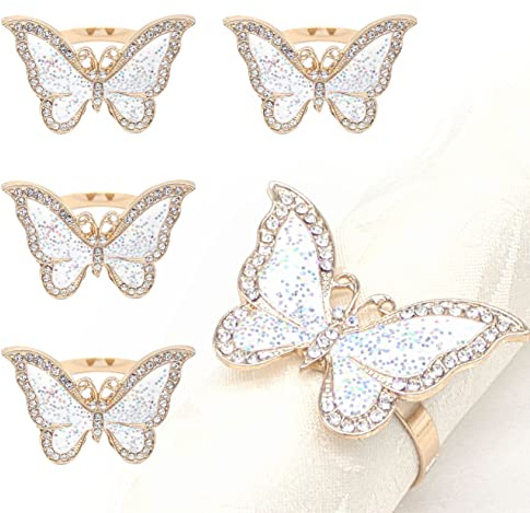 Rhinestone Butterfly Napkin Rings Set of 4, Insect Brass Gold Napkin Holder Buckle for Daily Table Parties,Birthday, Weddins, Christmas, Thanksgiving, Valentine's Day, Serviette Decoration