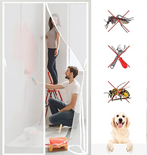 Moustiquaire Porte Fenetre 205 x 220 cm Fermeture Automatique,Sans Perçage,Pliable Moustiquaire Rideau de Porte Kit d'installation Complet pour Portes, Patio, Blanc A