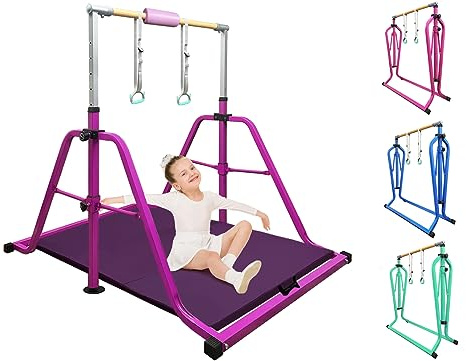 kechery Foldable Gymnastics Bar with Mat, Rings and Bar Pad for Junior Kids, 3'-6' Adjustable Height and Expandable Gymnastics Horizontal Bar Indoor Equipment for Kid's Training at Home.