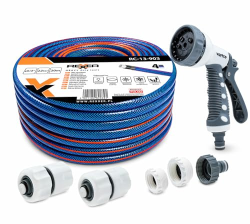 REXXER Gartenschlauch-Set 20 m, 3/4 Zoll, 4-lagig, 7-fach Sprühpistole | UV-beständig, flexibel, 7-fach Sprühpistole, Schnellkupplungen, Wasserhahnanschluss