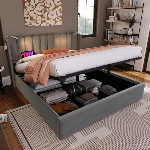 Kayan Polsterbett 140x200cm, Doppelbett mit Stauraum und Lattenrost, Leselicht Kopfteil mit USB Ladefunktion, Stauraumbett Funktionsbetten Rückenlehne Bettgestell, Samt (Grau, 140x200cm)