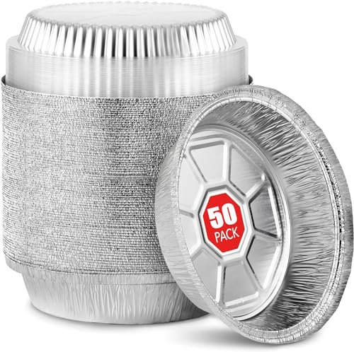 LATERN 50 Piezas 18CM Bandejas Redondas de Papel de Aluminio con Tapas, 720ml Bandejas para Asar Desechables Apto para Horno y Congelador Recipientes para Alimentos Horneando Servicio Llevar