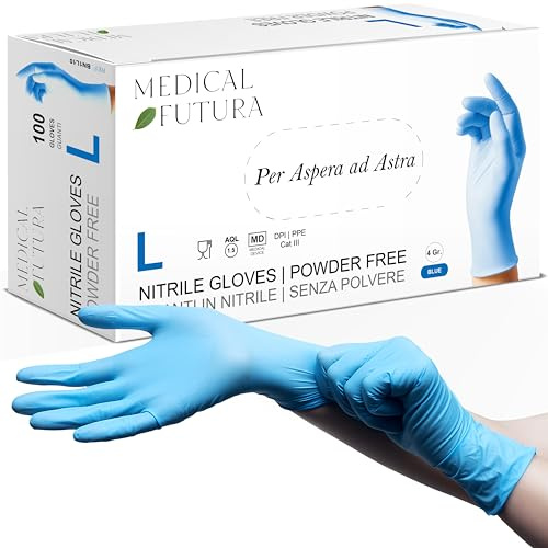 MEDICAL FUTURA - 100 Nitrilhandschuhe L Blau Einweghandschuhe Anallergisch 4.0g, Puderfrei, Latexfrei, Für Kosmetiker, Tätowierer, Werkstätten, Lebensmittelverarbeitung (L, Blau)