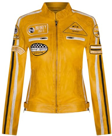 Infinity Leather Dam Läder Biker Casual Racing Moto Märken Jacka, Gul, 4XL