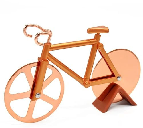 Leeseph - Cortador de pizza de bicicleta - Ruedas de corte antiadherentes de acero inoxidable - Soporte de exhibición - para Navidad (oro rosa)