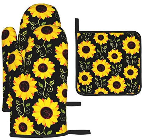 Floral Sunflower Heat-Resistant Oven Gloves And Pot Holders.With Lanyard,Waterproof And Durable. Used In Kitchen,Barbecue And Baking.