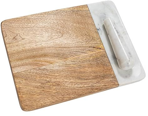 Creative Co-Op Planche à découper en bois de manguier et marbre avec pilon en marbre incrusté, naturel et blanc