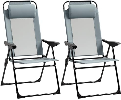 Outsunny 2er-Set Klappstuhl mit Verstellbarer Rückenlehne 120 kg Grau | Klappbarer Gartenstuhl, Armlehne, Campingstuhl für Garten Balkon, bis 120 kg Belastbar, Oxford