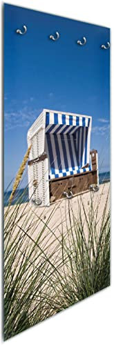 Wallario Wandgarderobe aus Glas in Größe 50 x 125 cm in Premium-Qualität, Motiv: Strandkorb | 7 Kleiderhaken zum Aufhängen von Jacken