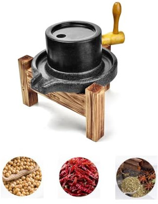 Stone Grain Mill,Hand Stone Mill,Grain Grinder Mill,Handmade Mill with Wooden Frame for Grain Bean Barley Spice(Upper diameter 7.8IN, Lower diameter 11.8IN, white) (Black, 7.8in*11.8in)