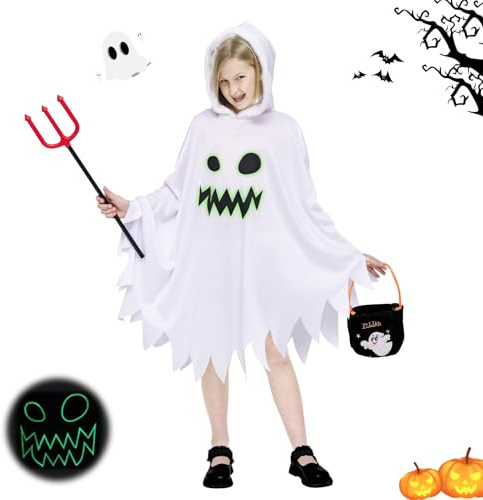 GUBOOM Costume di Halloween da Fantasma Bianco per Bambini, Costume di Halloween per Bambini con Sacchetto di Zucca, Forchetta Diavolo, Adatto per Halloween, Carnevale, Cosplay (L)