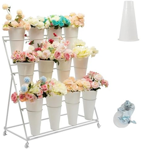 Générique Présentoir de Fleurs avec Roues, Présentoir de Fleurs en Métal à 3 Niveaux avec 12 Seaux, Support de Fleurs Mobile pour Fleuriste Jardin Patio