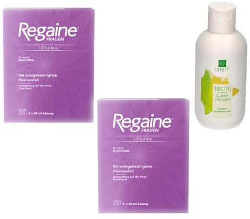 Regaine Frauen Lösung Doppelpack 2x 3x 60ml Lösung bei erblich bedingtem Haarausfall inklusive SANDAY DUSCHGEL Guten Morgen 100ml