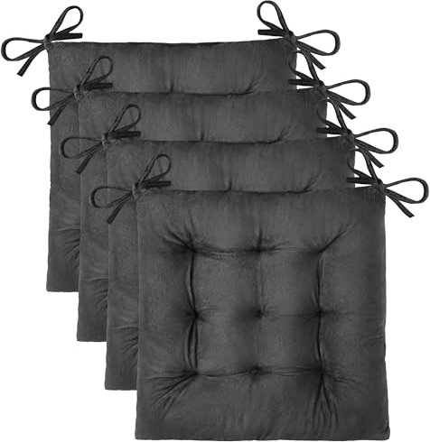 OVOV 4 Pack Chair Cushions for Dining Chairs Comfortable Seat Cushions for Kitchen Desk Chairs Velvet Chair Pads with Ties (39x39x6 cm/15.5x15.5x2.5 inch, Dark Grey)