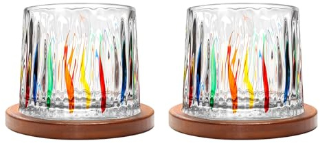 Rotatable Old Fashioned Crystal Whiskey Glass Set of 2, 275ml/10oz, Wood Coaster, Thickened, Used as Rum, Cocktail, Coffee, Milk Cup for Relaxation