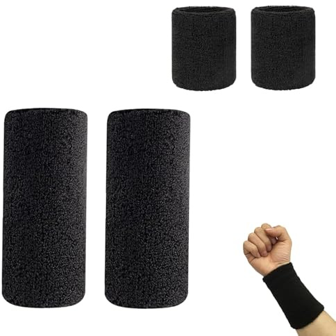Neoreser 4 Pcs Bracelet Poignet de Sport, Bandeaux absorbants, Élastique Bandes de Poignet en Coton pour Femmes Hommes Gym, Course, Bicyclette, Football, Tennis, Basketball(Noir)