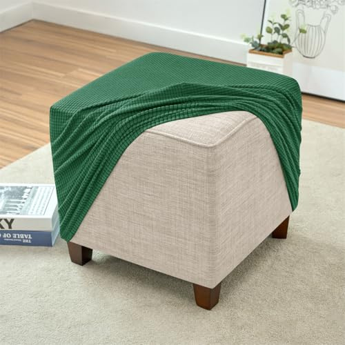 Highdi Fußhocker Bezug Quadratisch Ottomane Schonbezug Weichem Samt Hockerbezug, Stretch Ottoman-Bezüge Rutschfester Husse für Fußhocker mit Gummiband Unten Waschbar (Dunkelgrün)