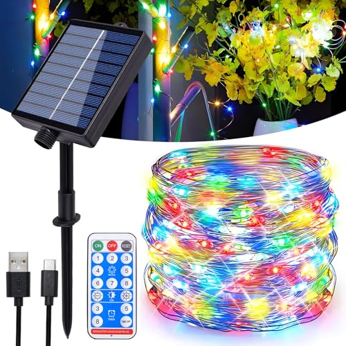 Hopelit Solar Lichterkette Aussen, 30m 300LEDs Solar Lichterkette Outdoor IP65 Wasserdicht Kupferdraht mit Fernbedienung 8 Modi Für Party Garten Balkon Deko - Bunt