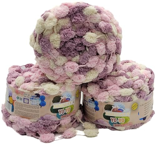 3 x 200g Ilkadim Export Pompon Garn Yo-Yo mehrfarbig, 600 Gramm Pompom – Wolle (flieder rosa creme 82008)
