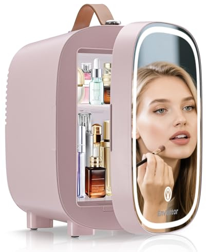 Enventor 4L 6 Flaskor Minikylskåp Rosa, Litet Kylskåp för Sovrum och Kontor med Spegel LED Justerbar, Kylning och Uppvärmning, Minikylskåp för Kosmetika och Livsmedel