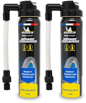 MICHELIN - Lot de 2 Aérosols Répare Crevaison Vélo - Réparation et Regonflage sans Démontage - Compatible Valves Presta et Schrader - Diffuseur à Rotule - 2 x 75ml - Fabriqué en France