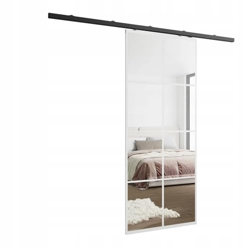 Kier Furniture - Schiebetüren Innen Loki mit Spiegel - Wandschiebetür - Schiebetür Links, Rechts - 16 mm laminierte Platte, Muster auf einer Seite der Tür - Weiß - 86cm | Platzsparende Schiebetür mit stabilem Schienensystem für Schlafzimmer, Wohnzimmer oder Ankleidebereich