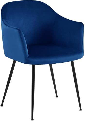CLP Chaise de Salle à Manger Jaysie I Fauteuil rembourré recouvert de Velours I Chaise de Cuisine avec accoudoirs et Structure métallique Noire, Couleur:Bleu foncé