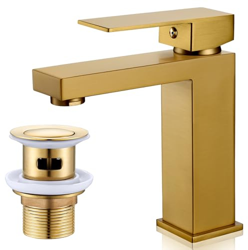 Gold Waschtischarmatur mit Abfluss, Badezimmermischbatterie, Gold Einhebel-Badezimmerarmatur, Monoblock-Waschraum-Waschraum-Waschraum-Armaturen mit Pop-Up-Ablauf, Mono-Quadratischer