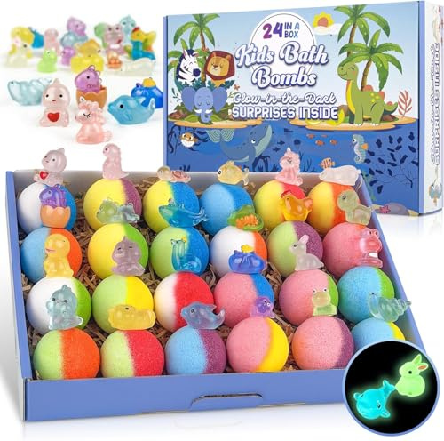 Badebomben für Kinder, 24 Stück Badebomben mit Glanz in der dunklen Überraschung im Inneren, bunter Blasenbad Fizz für Kinder, perfekter Geburtstag, Kindertag für Jungen und Mä