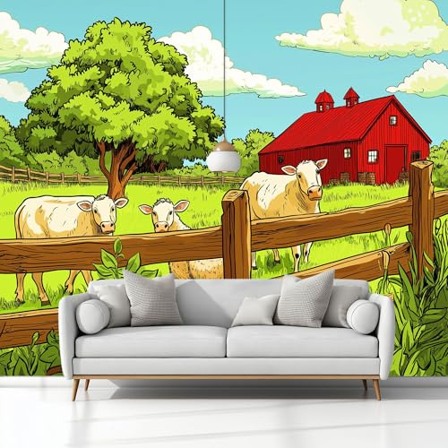 Générique Papier Peint Intissé Ferme Dessinée Bergerie Et Vaches 200 x 140 cm Papier Peint Photo Panoramique, Poster Vert Mural Personnalisé 3D, pour Salon Chambre Adulte Enfant Décor Murale