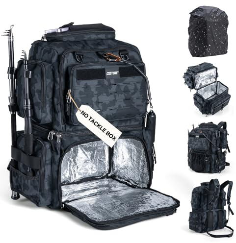 Goture Angelrucksack, 53 l, 600D, wasserabweisend, isoliert, Angelrucksack mit Kühler, Rutenhalter, 8 Ködertaschen, Regenschutz, Ausrüstungsaufbewahrung, große Angeltasche für Camping, Wandern (ohne