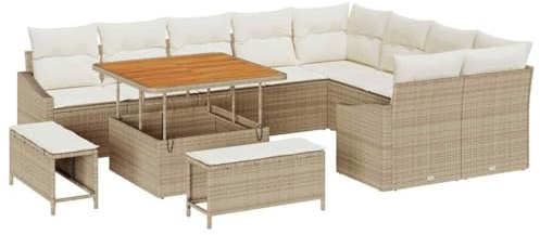 vidaXL 12-teiliges Garten-Sofa-Set mit Kissen in Beige und Cremeweiß - Modular, Wetterfest, Pe-Rattan Sitzgelegenheit für 5 Personen, Tisch, Lounge, Patio, Rückziehbar, für die Terrasse