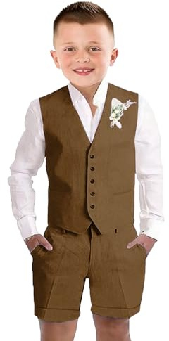 Boys 2 Piece Linen Vest Short Pants Suits Toddler Tuxedo Suit Set for Teen Boys Kids Wedding Summer
