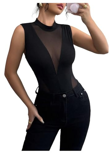 GORGLITTER Women's Mesh Sheer Mock Neck Tank Bodysuits Sleeveless Elegant Leotards Going Out Tops