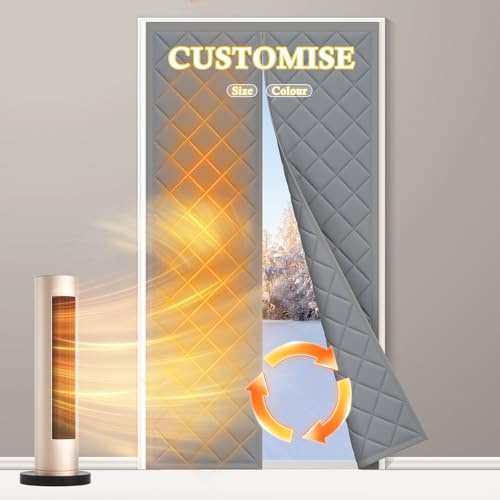 fowong Magnetic Thermal Door Curtain - Custom Size Grey, Insulated Winter Door Curtain with Strong Magnets, Energy Saving & Noise Reducing for Front Entry, Bedroom, Kitchen