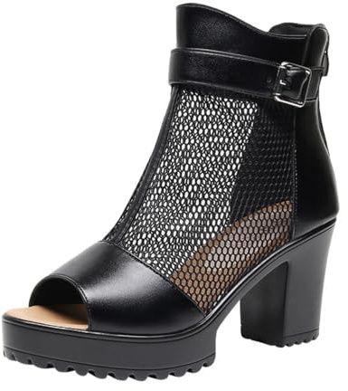 TNMIUH Stivaletti Donna Mesh con Plateau, Peep Toe, Tacco 8cm, Estate Stivali, Elegante Sexy, Nero,Nero,35 EU