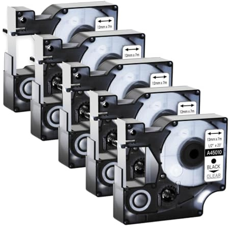 3-10PK D1 Tapes 45013 45010 45016 45021 Standard Labels 12mm Black On White Compatible With LabelManager 200 450 Labeling Device(5PK Black on Clear)