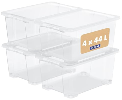Rotho Core Basic Aufbewahrungsbox mit Deckel 4 x 44 L Stapelboxen klar | Aufbewahrungsboxen, 4er-Set mit je 44 L, transparent, stabil, stapelbar und platzsparend, pflegeleicht, mit 4 Deckeln