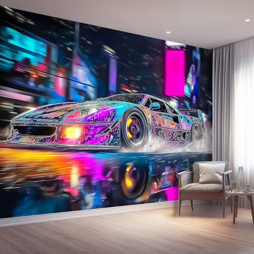 Fototapete Karikatur Vlies Tapeten 350 x 256 cm, Wandtapete Wohnzimmer Schlafzimmer Küche Dekoration Concealer, Lila Sportwagen Straße