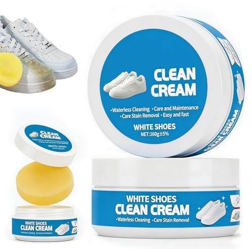 Wsndyjia White Shoe Cleaner Cream, Multipurpose No-Wash Solid Cleaning Paste with Sponge, Removes Stains & Dirt, Ideal for Leather Trainers & Soles (1 Pack)