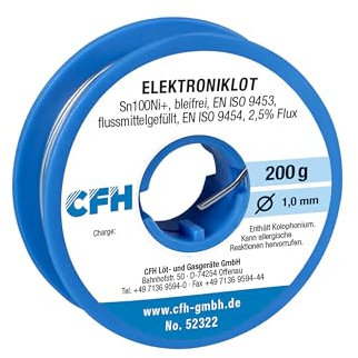 CFH Elektroniklot EL 322 – Lötzinn Ø 1,0 mm, 200 g, flussmittelgefüllt, bleifrei, ideales Lot für präzise Feinlötungen in der Elektronik und Elektrotechnik, hochwertige Qualität, Made in Germany