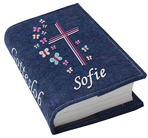 SL-Store GbR Gotteslob Gotteslobhülle Großdruck Kreuz Schmetterlinge lila pink Filz mit Namen bestickt grau weiß lila blaugrau dunkelblau türkis maigrün flieder Mädchen, Farbe:dunkelblau meliert