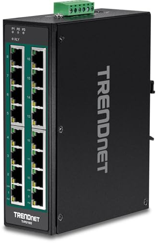 TRENDnet, TI-PG160, Commutateur sur Rail DIN Gigabit 10/100/1000Mbps Industriel Non géré à 16 Ports avec Ports PoE+ 16 Gigabit