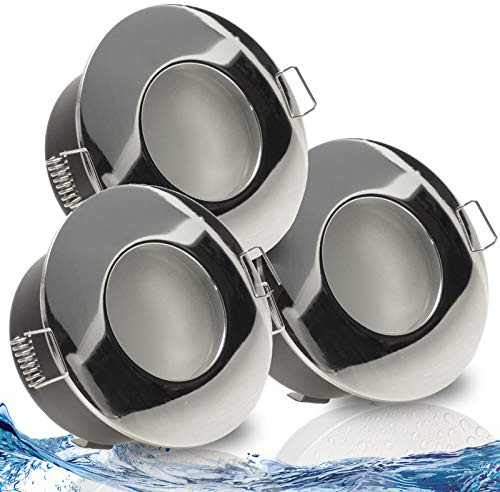 trendlights24 NAU Decken Einbaustrahler flach Chrom IP65 230V 5W 3er Set | Decken Einbauleuchte, rund, ultra flach, Einbautiefe 50 mm, LED Spots, Warmweiß, 3000k, austauschbar, Bad, Feuchtraum, außen