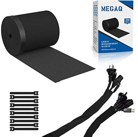 MEGAQ Gaine Câble Souple Ajustable 3M,Gaine Cache Cable,Câble Rangement du nylon pour Câble TV/Ordinateur/USB/Audio/Vidéo, Noire