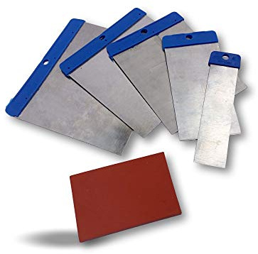Trousse de couteaux de carrossier | Lot de 3 | Jeu de 5 spatules japonaises + mini cale caoutchouc pour mastic enduit carrosserie | Lames acier poli | Largeurs 25-50-80-100-120 mm | Kibros W116x3