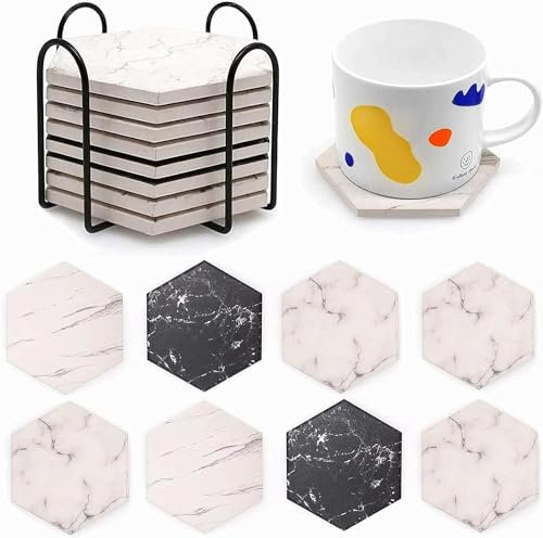 QUMENEY 8 x sechseckige Keramik-Untersetzer, Marmor-Muster, Getränke, saugfähig mit rutschfester Korkbasis für Getränke, saugfähig mit Metallhalter, Einweihungsbar, Dekoration, Gastgeberin, Geschenke