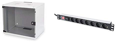 DIGITUS Netzwerk-Schrank 19 Zoll 9 HE - unmontiert - Wandmontage - 400 mm Tiefe - Traglast 60 kg - Glastür - Grau & 19 Steckdosenleiste - 7 Abgriffe - 1HE - 250VAC - 50/60Hz - 16A - 4000W